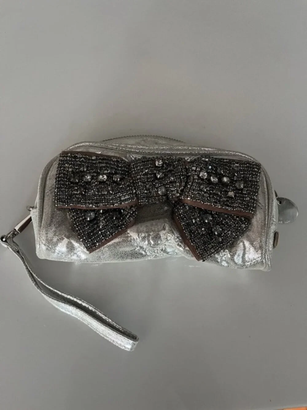 Deux Lux Silver Metallic Rhinestone Bow Wristlet Clutch | Glam Evening Bag